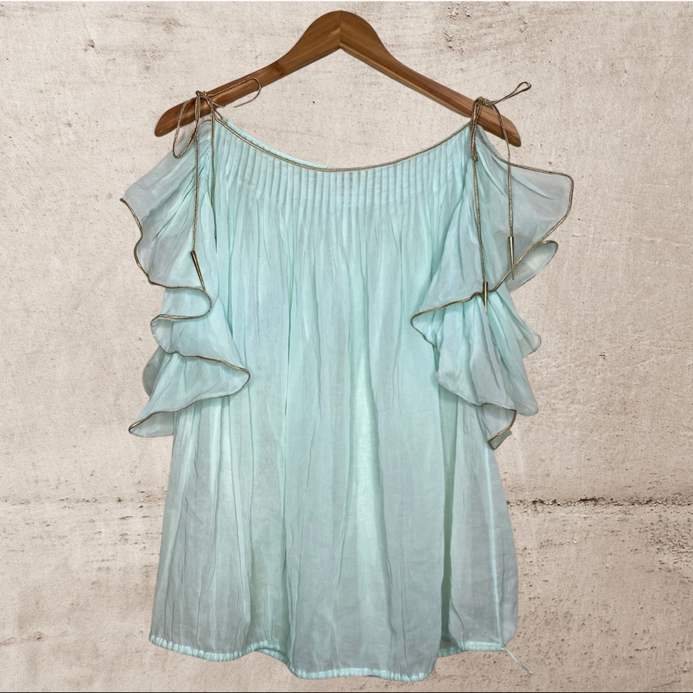 Chloe Aqua sheer Ruffle Sleeve with gold trim stings Tunic